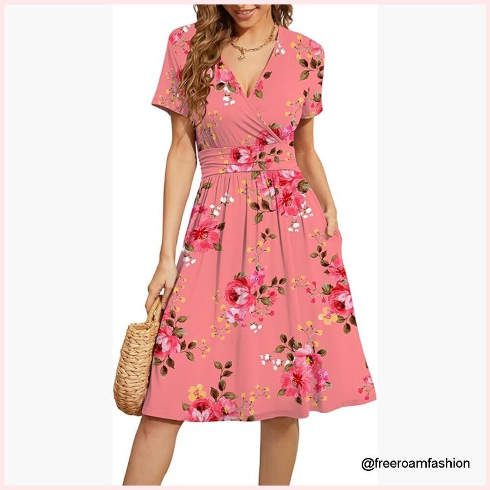 Knee-Length A-Line V-Neck Dress with Pockets, Rayon Spandex